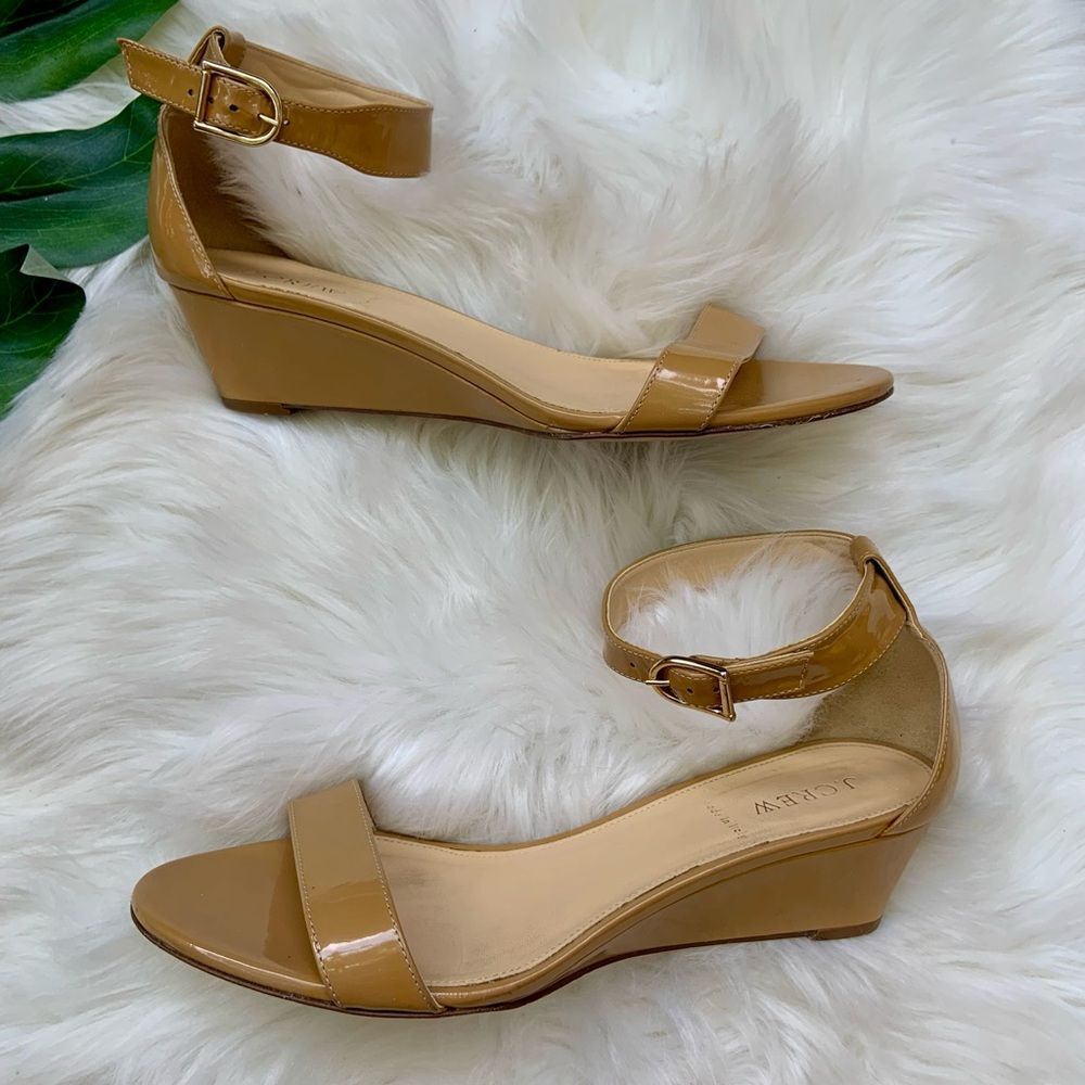 J. Crew Tan Patent Leather Ankle-Strap Wedge Sandals